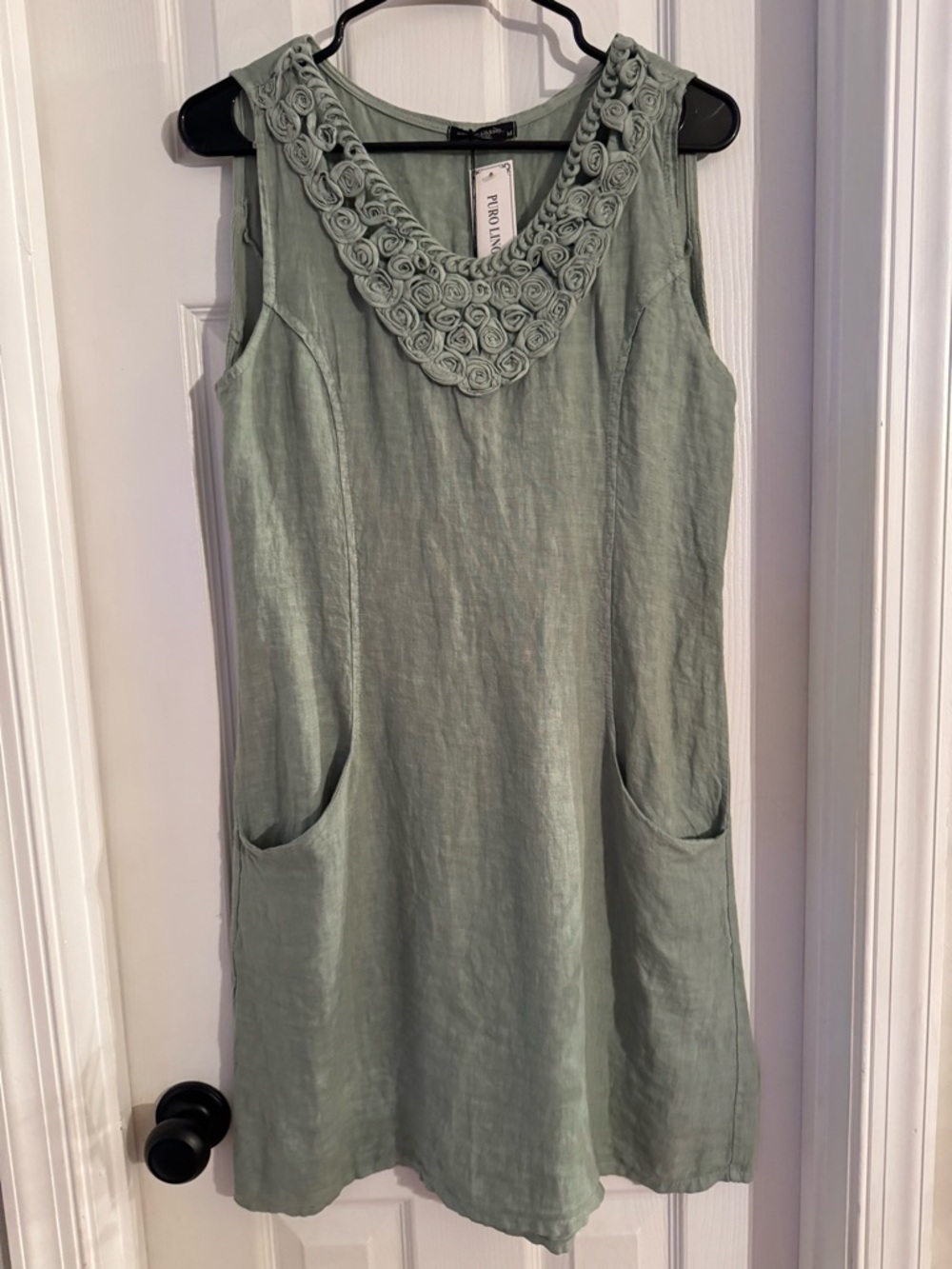 Women's Sage Green Linen Midi Dress with Rosette Trim Size M NWT